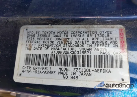 2003 Toyota Corolla Ce from USA, damaged, VIN JTDBR32EX30018521